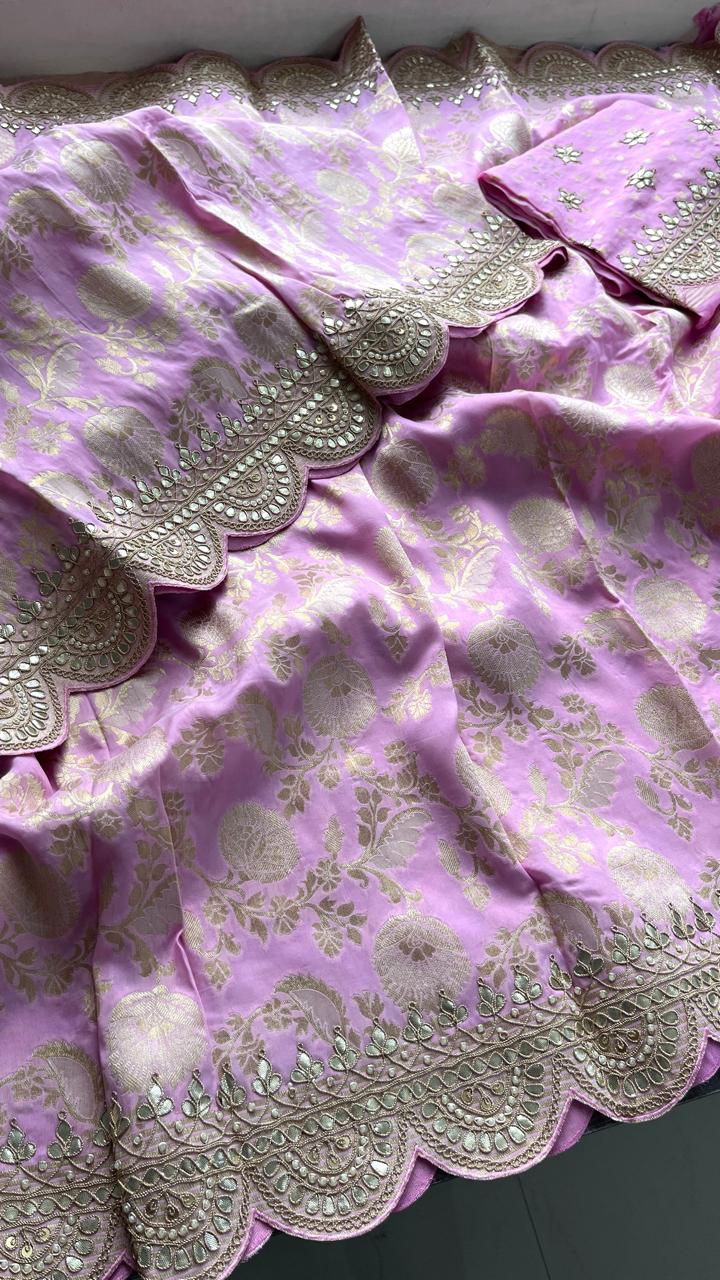 Pure Khaddi Georgette Banarasi Saree with Gotapatti, Zardozi &amp; Pearl Embellishments