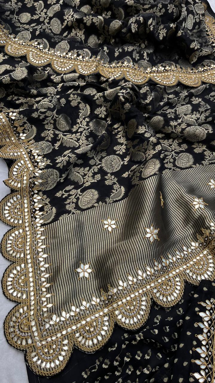 Pure Khaddi Georgette Banarasi Saree with Gotapatti, Zardozi &amp; Pearl Embellishments