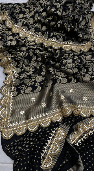 Pure Khaddi Georgette Banarasi Saree with Gotapatti, Zardozi & Pearl Embellishments