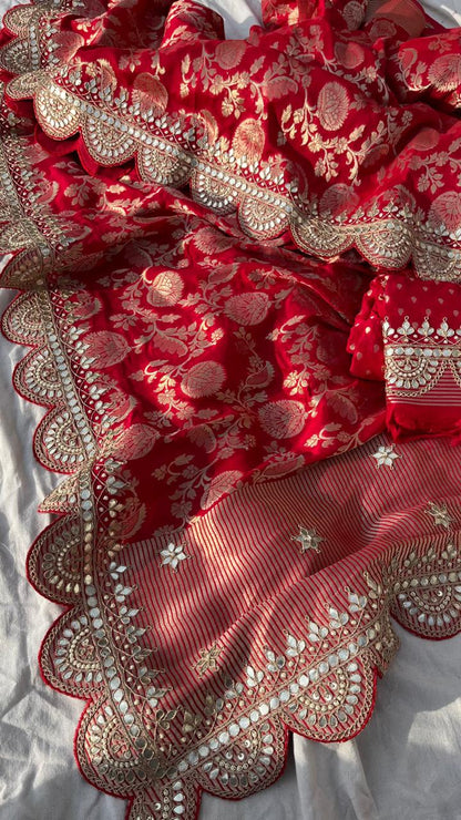 Pure Khaddi Georgette Banarasi Saree with Gotapatti, Zardozi &amp; Pearl Embellishments