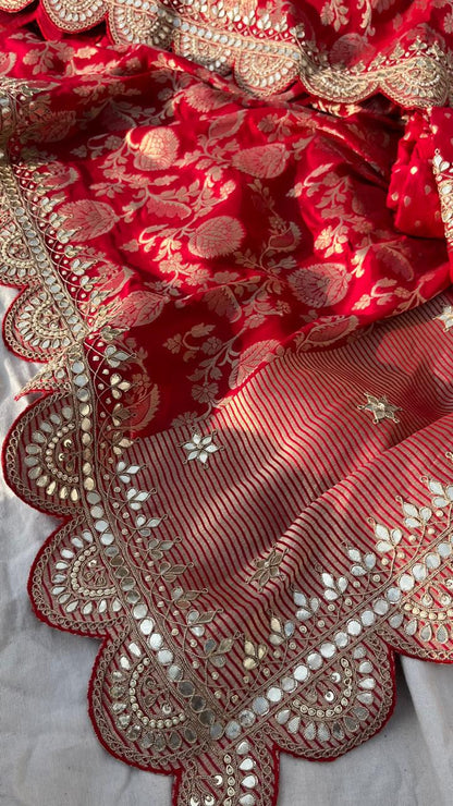 Pure Khaddi Georgette Banarasi Saree with Gotapatti, Zardozi &amp; Pearl Embellishments
