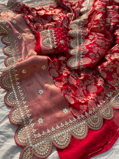 Pure Khaddi Georgette Banarasi Saree with Gotapatti, Zardozi &amp; Pearl Embellishments