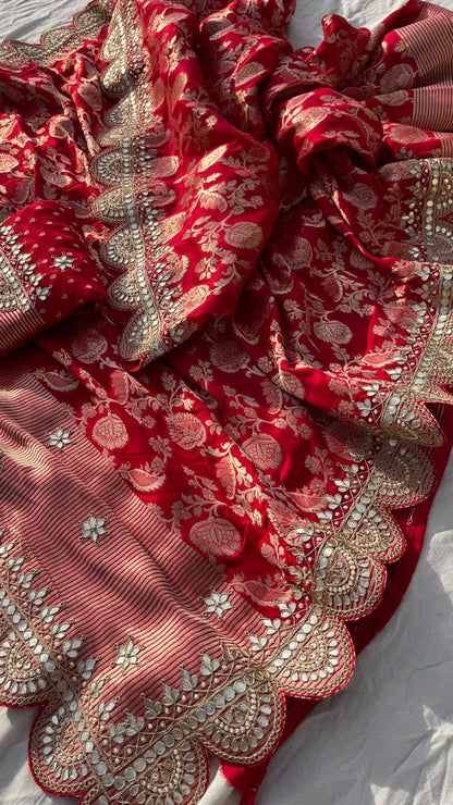 Pure Khaddi Georgette Banarasi Saree with Gotapatti, Zardozi &amp; Pearl Embellishments