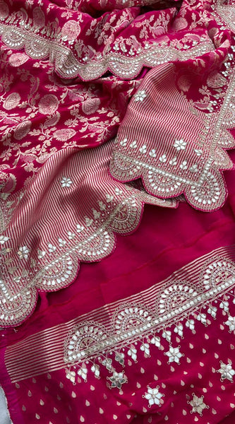 Pure Khaddi Georgette Banarasi Saree with Gotapatti, Zardozi & Pearl Embellishments