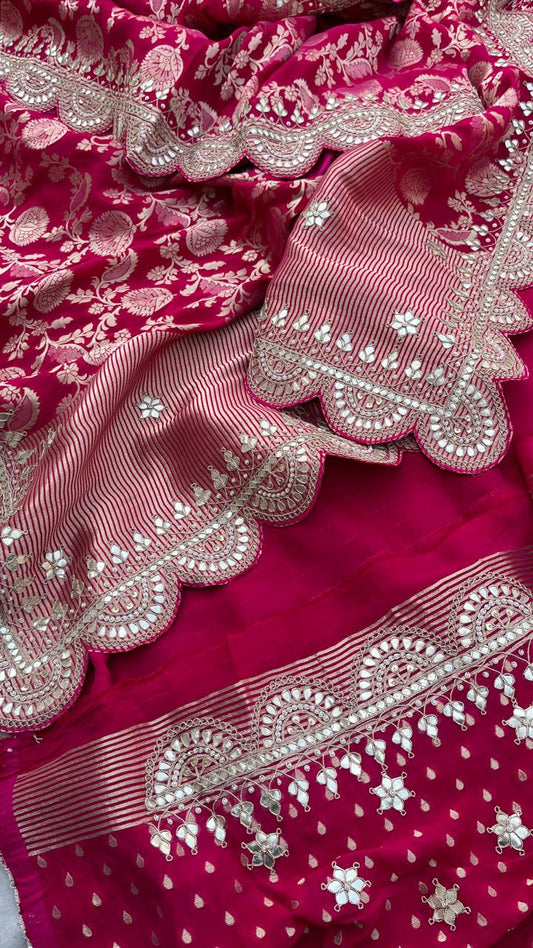 Pure Khaddi Georgette Banarasi Saree with Gotapatti, Zardozi &amp; Pearl Embellishments
