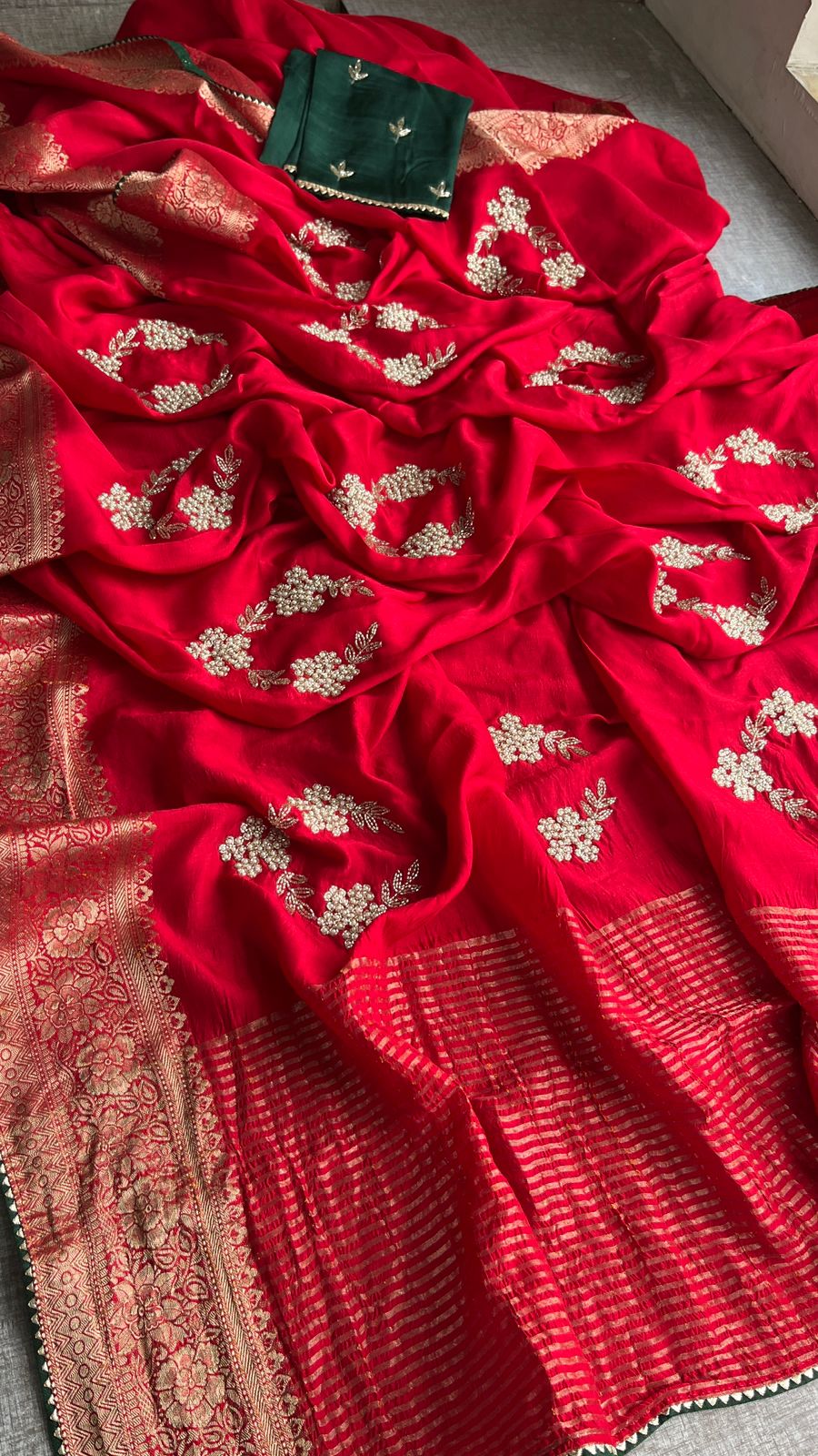 Pure Munga Silk Banarasi Saree with Zardozi, Kutdana & Pearl Work