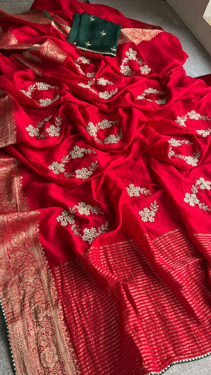 Pure Munga Silk Banarasi Saree with Zardozi, Kutdana & Pearl Work