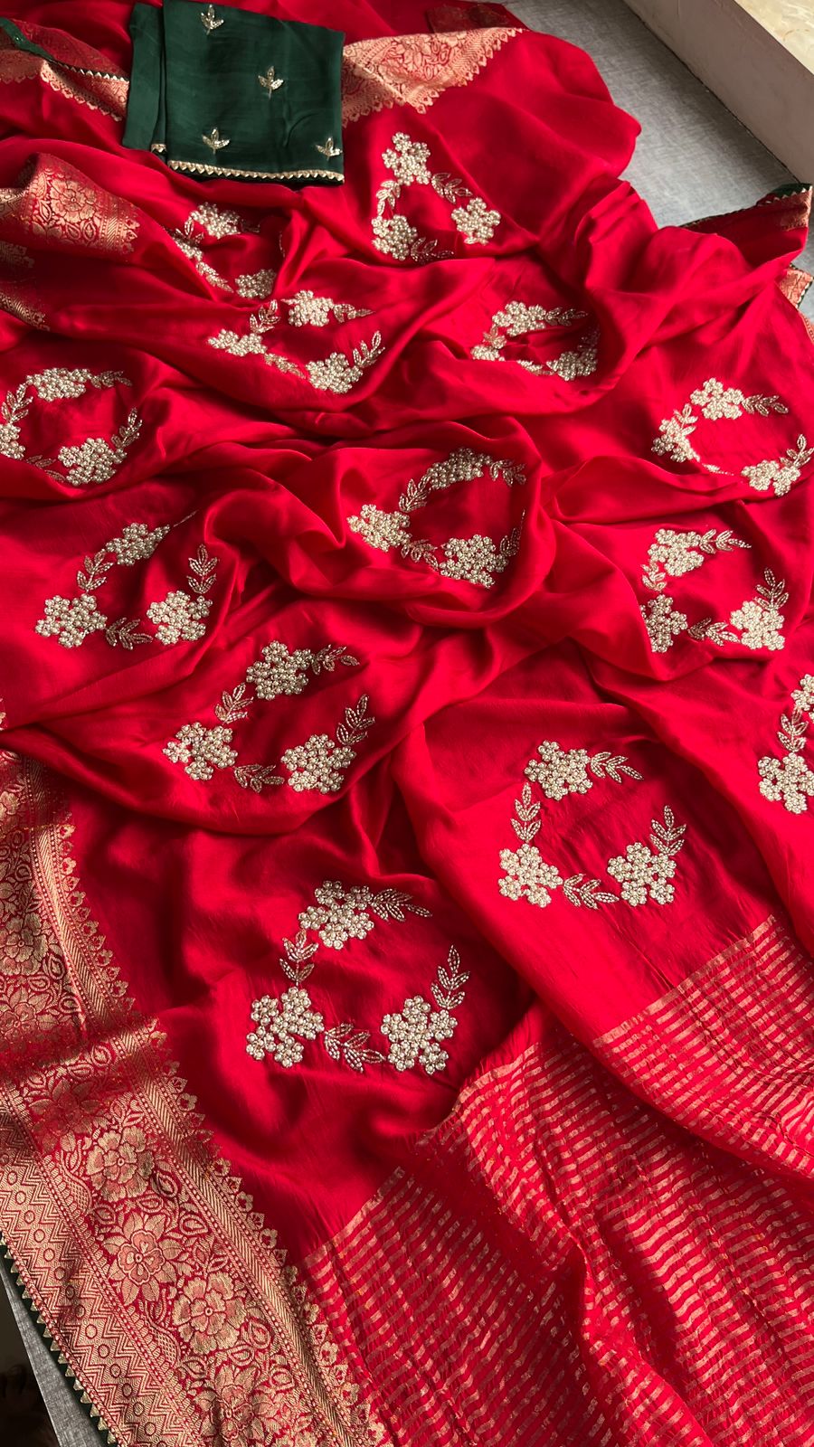 Pure Munga Silk Banarasi Saree with Zardozi, Kutdana & Pearl Work