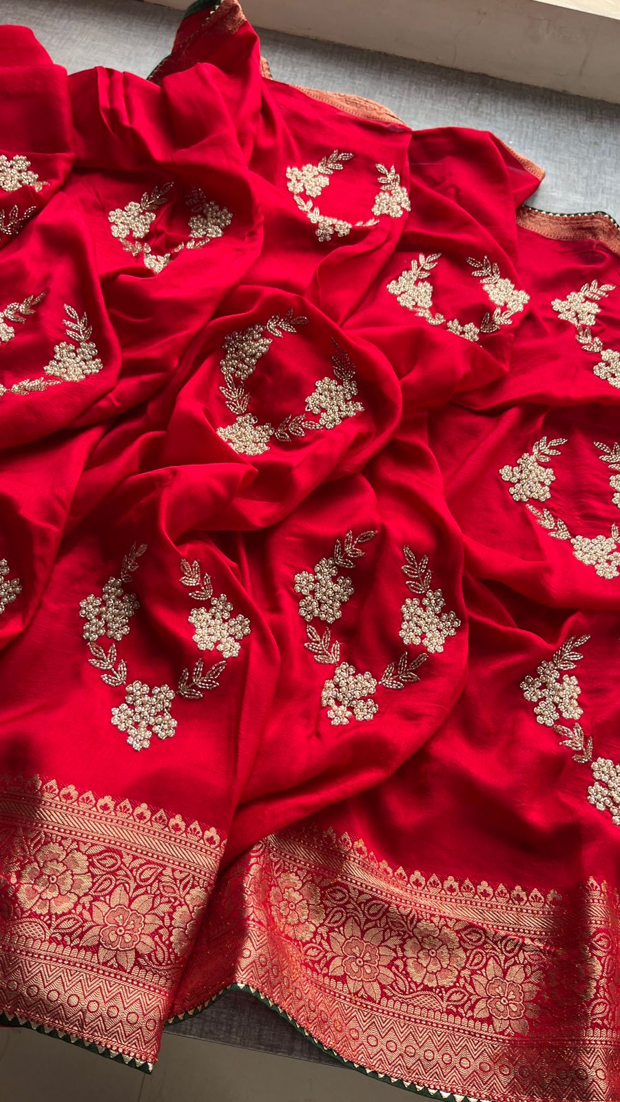 Pure Munga Silk Banarasi Saree with Zardozi, Kutdana & Pearl Work