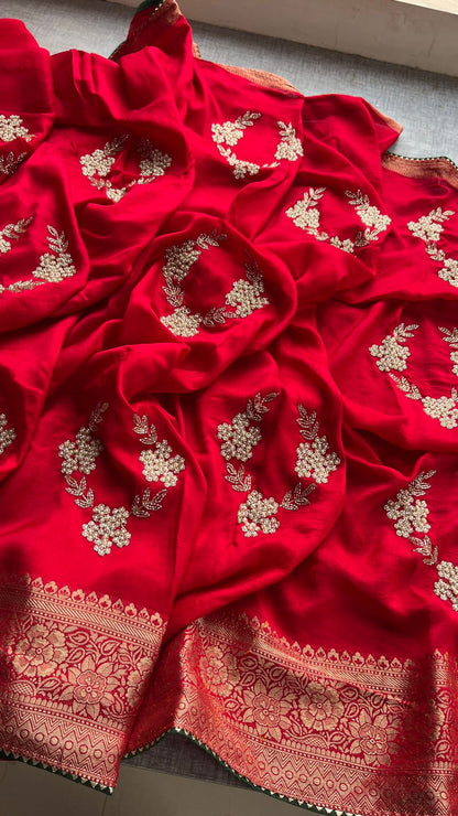 Pure Munga Silk Banarasi Saree with Zardozi, Kutdana & Pearl Work