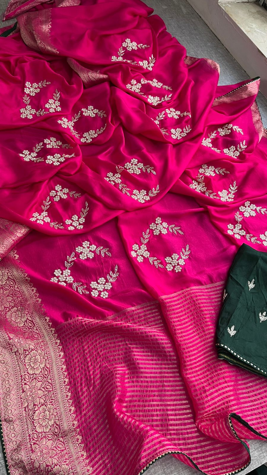 Pure Munga Silk Banarasi Saree with Zardozi, Kutdana & Pearl Work