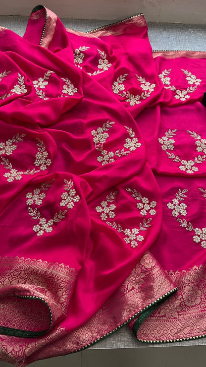 Pure Munga Silk Banarasi Saree with Zardozi, Kutdana & Pearl Work