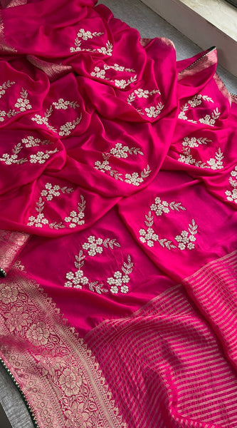 Pure Munga Silk Banarasi Saree with Zardozi, Kutdana & Pearl Work