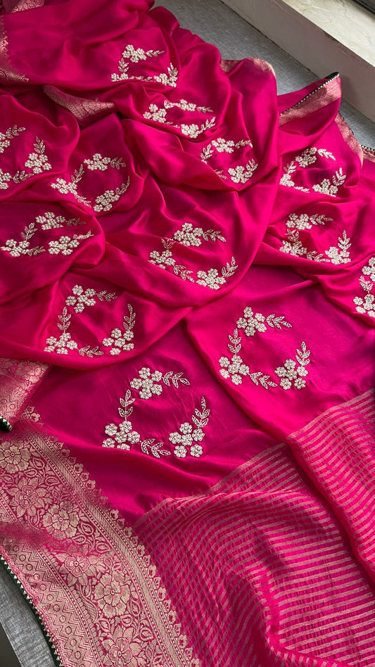 Pure Munga Silk Banarasi Saree with Zardozi, Kutdana & Pearl Work