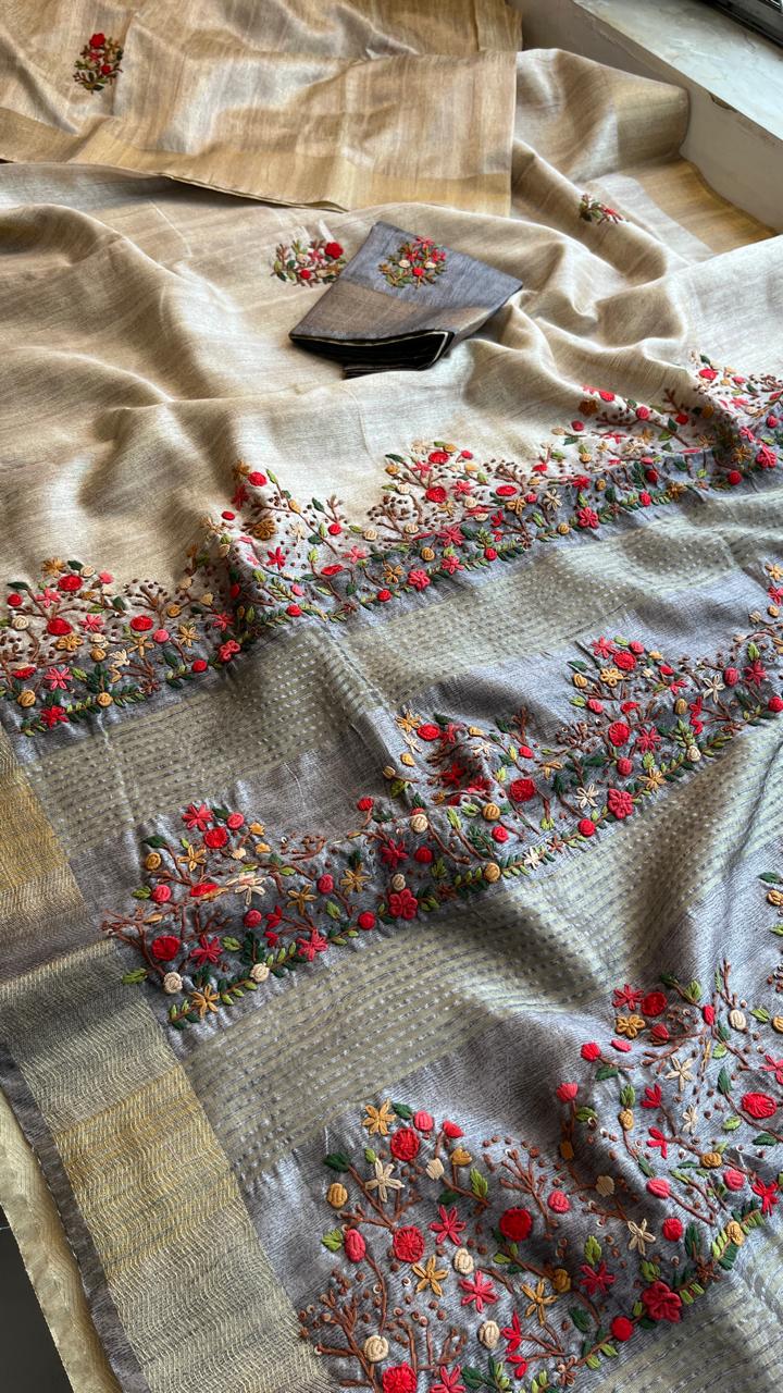 Pure Tussar Linen Silk Saree with Hand Knot & Katha Work