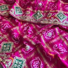 Pure Gajji Silk Handmade Bandhani Saree with Zardozi, Gotapatti & Pearl Embellishments