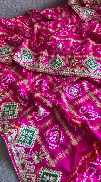 Pure Gajji Silk Handmade Bandhani Saree with Zardozi, Gotapatti & Pearl Embellishments