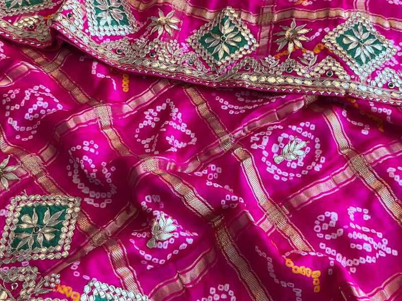 Pure Gajji Silk Handmade Bandhani Saree with Zardozi, Gotapatti & Pearl Embellishments