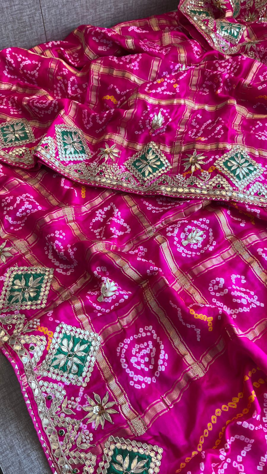 Pure Gajji Silk Handmade Bandhani Saree with Zardozi, Gotapatti & Pearl Embellishments