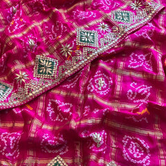 Pure Gajji Silk Handmade Bandhani Saree with Zardozi, Gotapatti & Pearl Embellishments