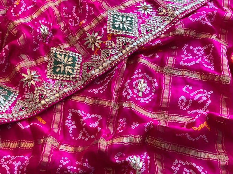 Pure Gajji Silk Handmade Bandhani Saree with Zardozi, Gotapatti & Pearl Embellishments