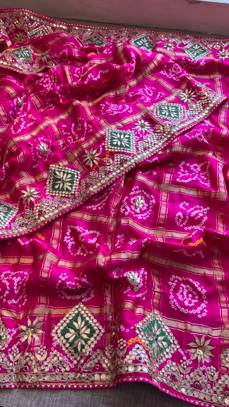 Pure Gajji Silk Handmade Bandhani Saree with Zardozi, Gotapatti & Pearl Embellishments