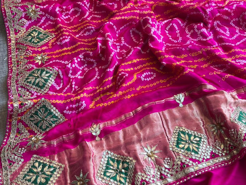 Pure Gajji Silk Handmade Bandhani Saree with Zardozi, Gotapatti & Pearl Embellishments