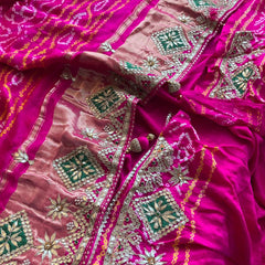 Pure Gajji Silk Handmade Bandhani Saree with Zardozi, Gotapatti & Pearl Embellishments