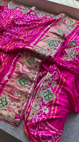Pure Gajji Silk Handmade Bandhani Saree with Zardozi, Gotapatti & Pearl Embellishments