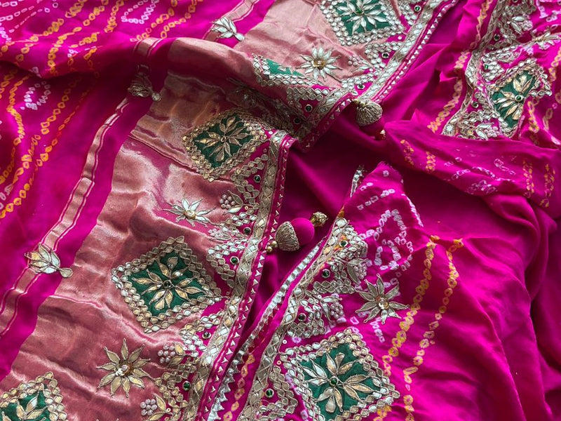 Pure Gajji Silk Handmade Bandhani Saree with Zardozi, Gotapatti & Pearl Embellishments