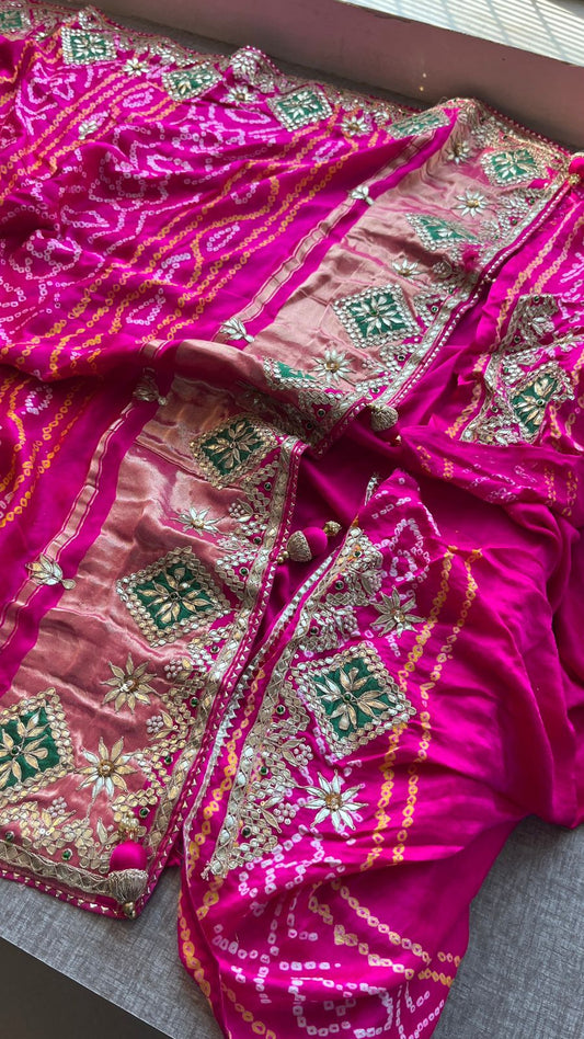 Pure Gajji Silk Handmade Bandhani Saree with Zardozi, Gotapatti & Pearl Embellishments