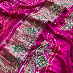 Pure Gajji Silk Handmade Bandhani Saree with Zardozi, Gotapatti & Pearl Embellishments