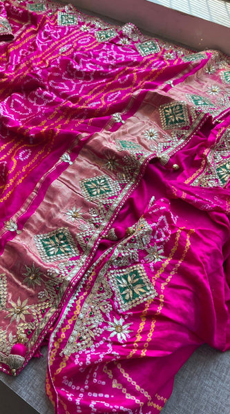 Pure Gajji Silk Handmade Bandhani Saree with Zardozi, Gotapatti & Pearl Embellishments
