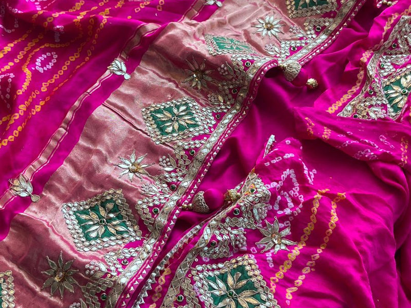 Pure Gajji Silk Handmade Bandhani Saree with Zardozi, Gotapatti & Pearl Embellishments