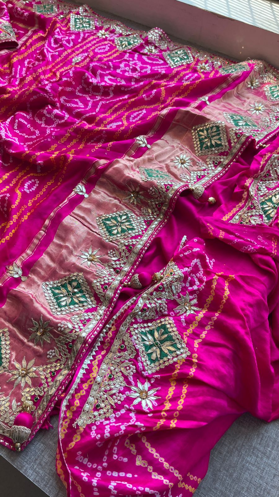 Pure Gajji Silk Handmade Bandhani Saree with Zardozi, Gotapatti & Pearl Embellishments