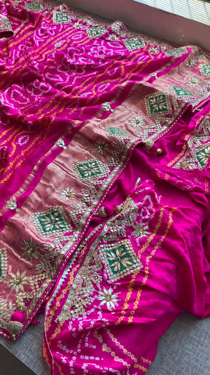 Pure Gajji Silk Handmade Bandhani Saree with Zardozi, Gotapatti & Pearl Embellishments