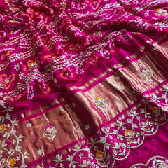 Pure Gajji Silk Handmade Bandhani Saree with Zardozi, Gotapatti & Pearl Detailing