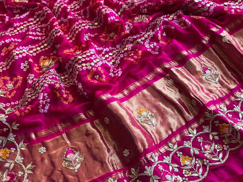 Pure Gajji Silk Handmade Bandhani Saree with Zardozi, Gotapatti & Pearl Detailing