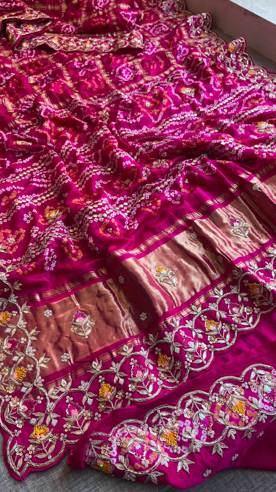 Pure Gajji Silk Handmade Bandhani Saree with Zardozi, Gotapatti & Pearl Detailing
