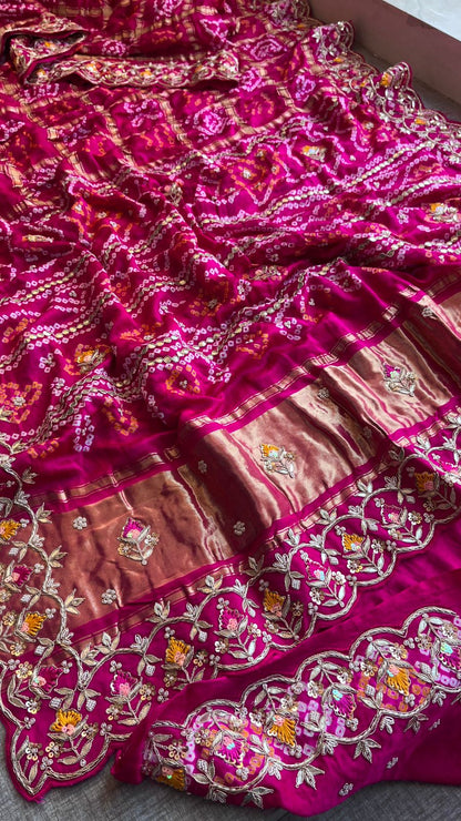 Pure Gajji Silk Handmade Bandhani Saree with Zardozi, Gotapatti & Pearl Detailing