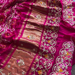 Pure Gajji Silk Handmade Bandhani Saree with Zardozi, Gotapatti & Pearl Detailing