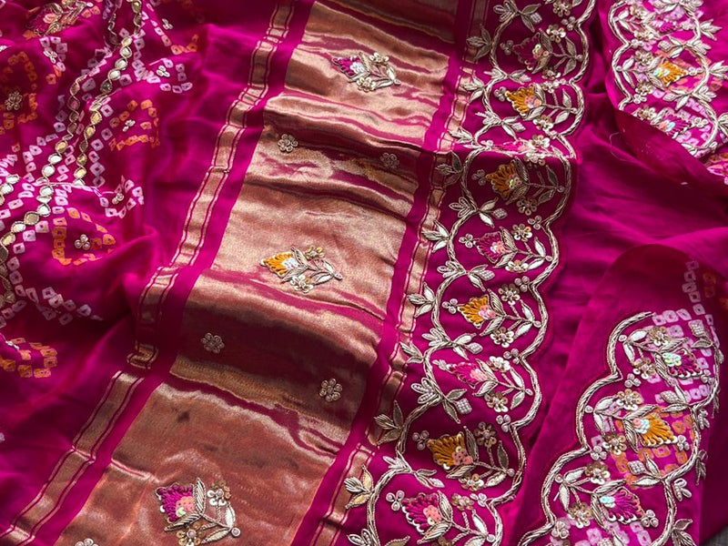 Pure Gajji Silk Handmade Bandhani Saree with Zardozi, Gotapatti & Pearl Detailing