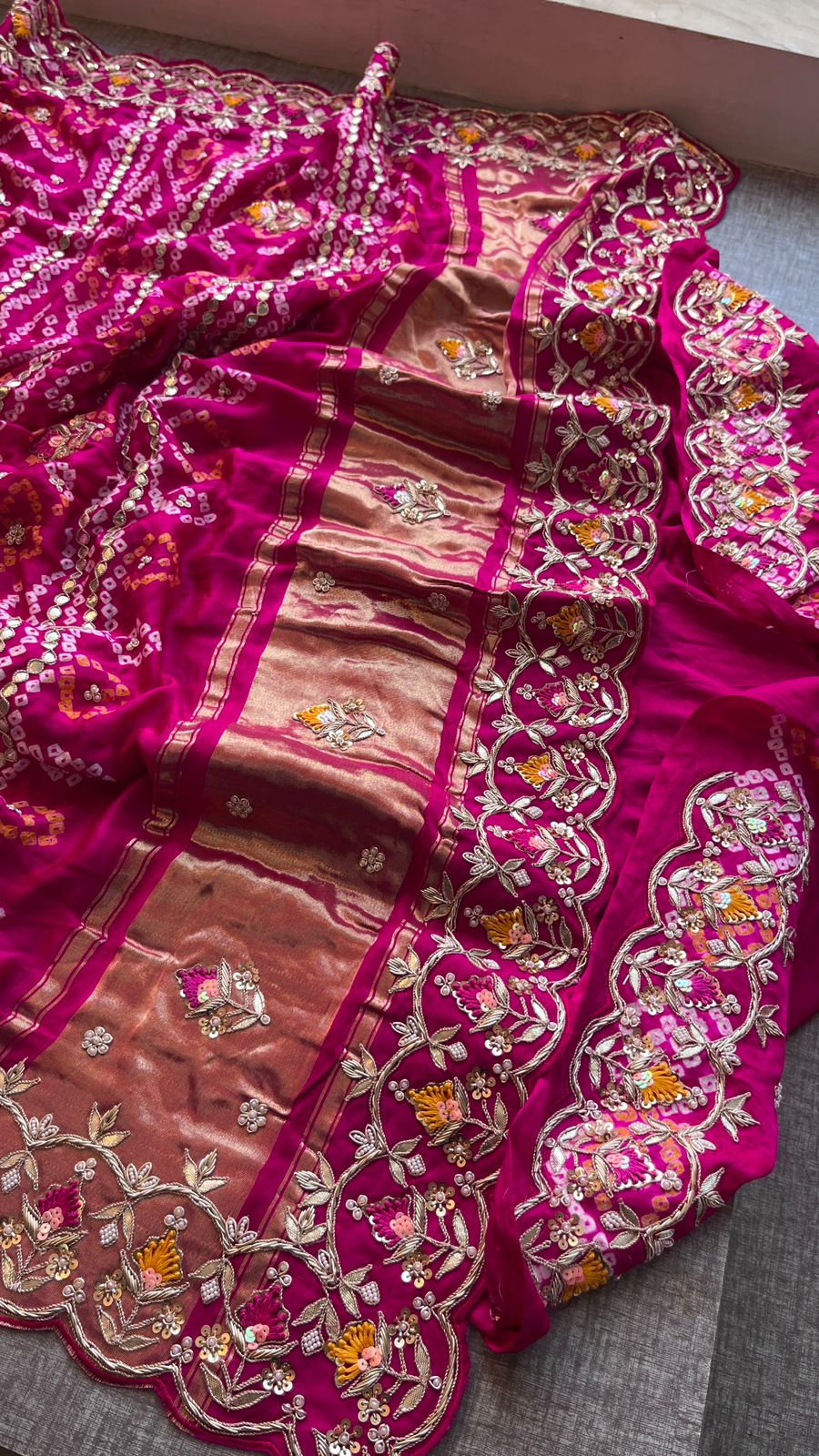 Pure Gajji Silk Handmade Bandhani Saree with Zardozi, Gotapatti & Pearl Detailing