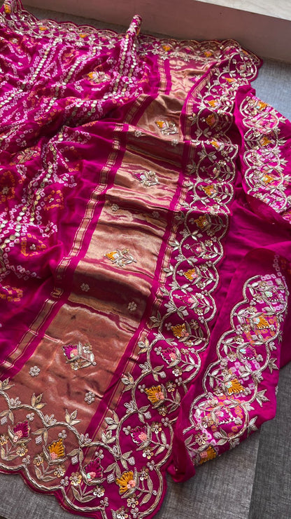 Pure Gajji Silk Handmade Bandhani Saree with Zardozi, Gotapatti & Pearl Detailing