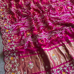 Pure Gajji Silk Handmade Bandhani Saree with Zardozi, Gotapatti & Pearl Detailing