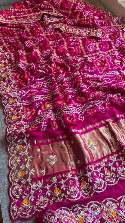 Pure Gajji Silk Handmade Bandhani Saree with Zardozi, Gotapatti & Pearl Detailing