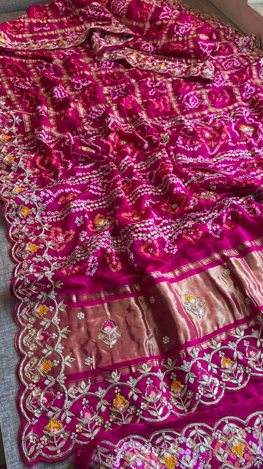Pure Gajji Silk Handmade Bandhani Saree with Zardozi, Gotapatti & Pearl Detailing