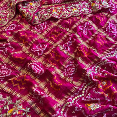 Pure Gajji Silk Handmade Bandhani Saree with Zardozi, Gotapatti & Pearl Detailing