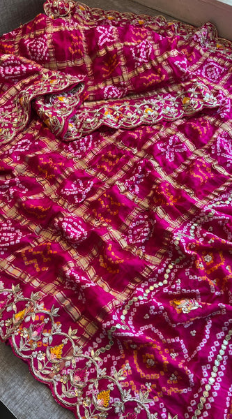 Pure Gajji Silk Handmade Bandhani Saree with Zardozi, Gotapatti & Pearl Detailing