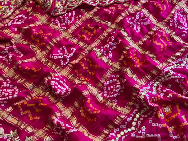 Pure Gajji Silk Handmade Bandhani Saree with Zardozi, Gotapatti & Pearl Detailing